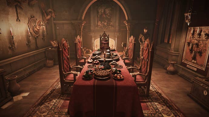 A banquet table covered in food in Dracula’s castle in Escape Simulator 2.