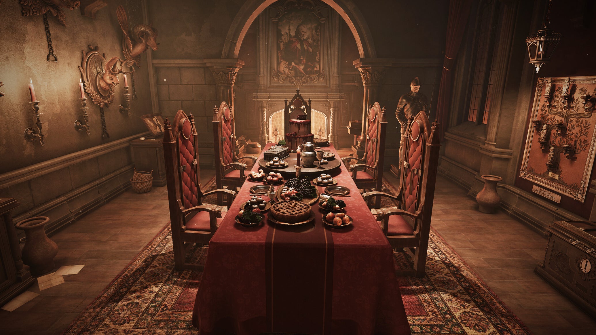 A banquet table covered in food in Dracula's castle in Escape Simulator 2. - 1