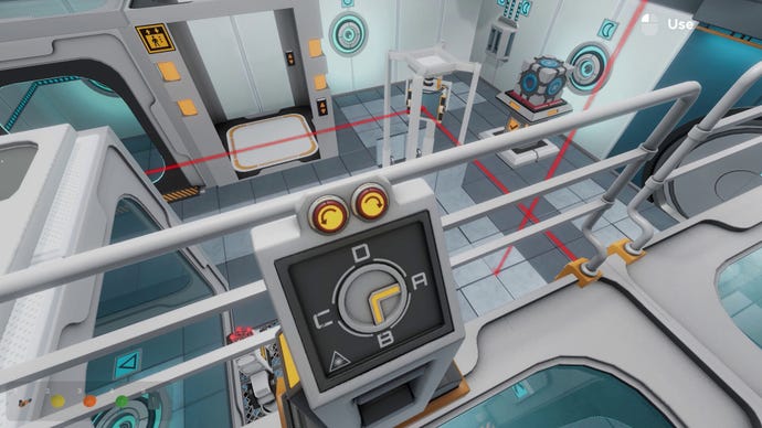 The player overlooks a test chamber in Escape Simulator's Portal DLC