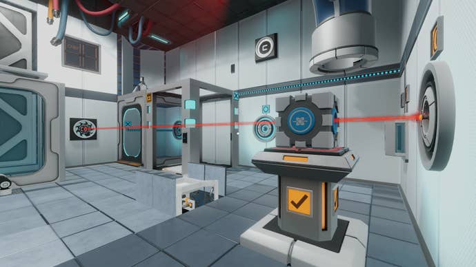 A puzzle room in Escape Simulator’s Portal DLC, showing a laser passing through a cube