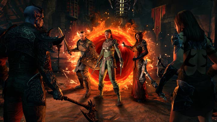 Elder Scrolls Online screenshot showing a trio of characters appearing from a portal, ready for a fight