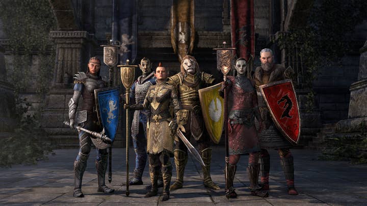 Elder Scrolls Online screenshot showing a party of adventurers posing together