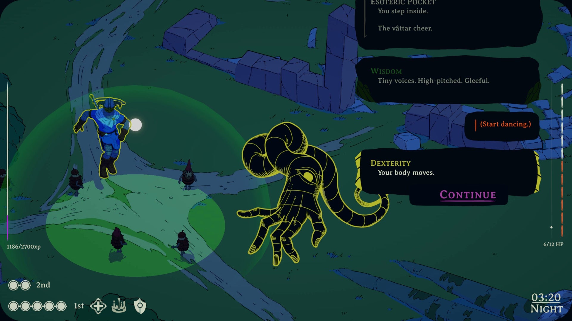 The Cleric dancing with some wee spirits in Esoteric Ebb.