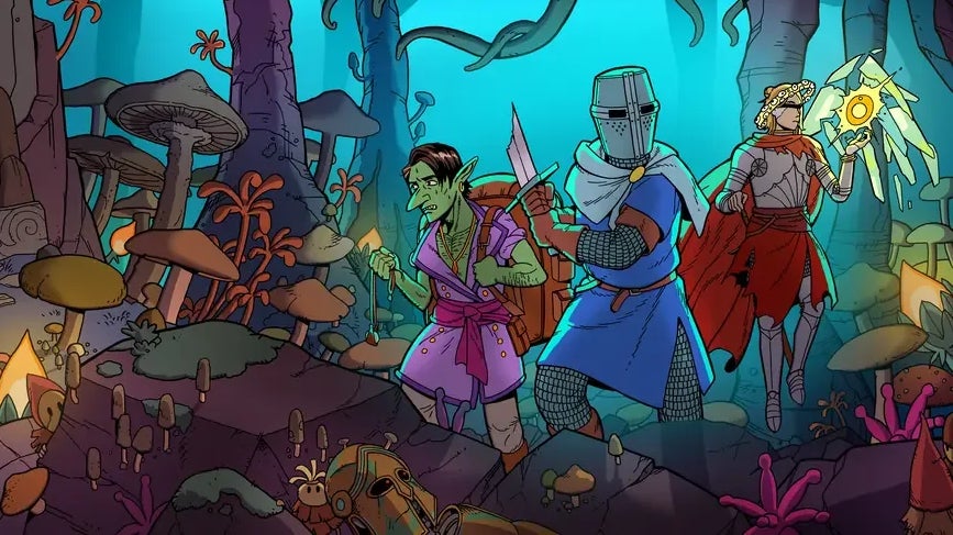 Esoteric Ebb key art showing a knight with broken sword, and other fantasy characters in a mystical woods, in cartoon style