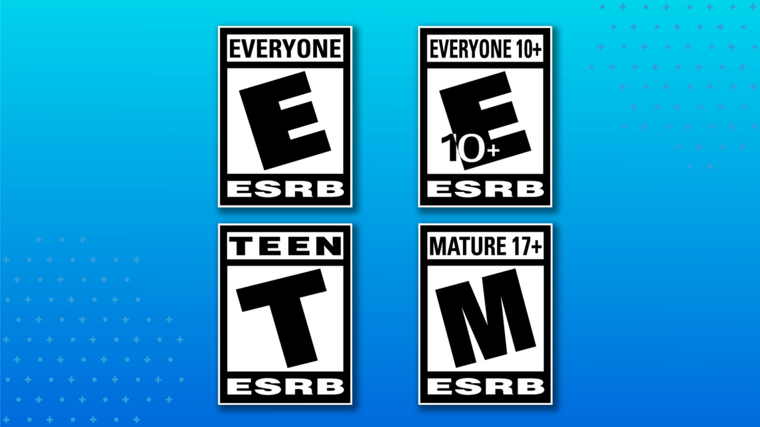 A panel of black-outlined white boxes with large letters in them, against a blue background. These are the ESRB age ratings boxes seen on North American games. There's E for everyone, T for Teen and M for mature.