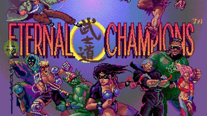 Key art for a pixel art fighting game, Eternal Champions, showing the game’s cast of characters in a range of poses.