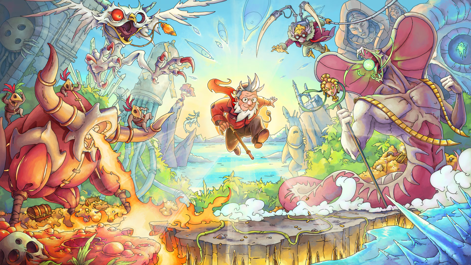 Artwork of The Eternal Life of Goldman, showing old man leaping surrounded by fairytale creatures