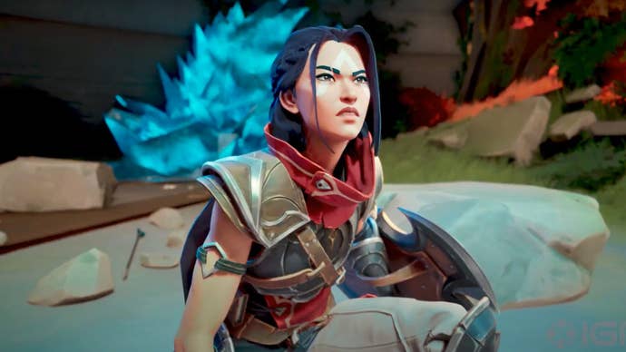 A shot from Eternal Strands' reveal trailer showing protagonist Brynn crouching as she looks up at a behemoth monster out of the frame.