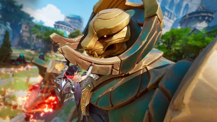 The player hang’s from a giant enemy’s head in Eternal Strands.