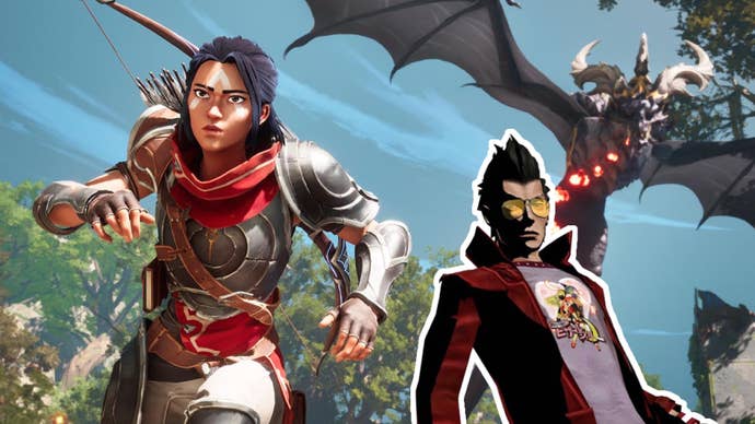 An Eternal Strands screenshot showing protagonist Brynn running away from a dragon, while a superimposed Travis Touchdown from No More Heroes leans into the frame.