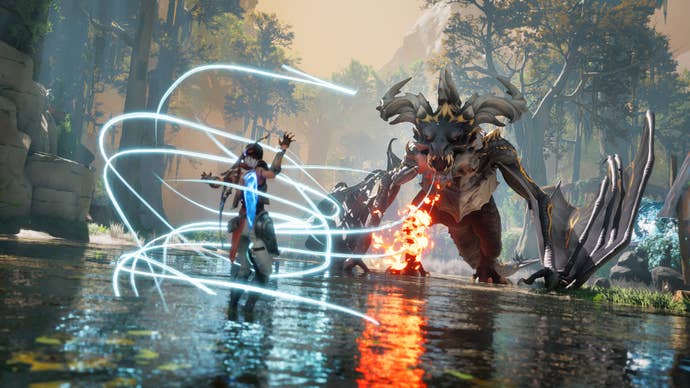 A woman prepares a magical attack against a dragon in a lake in Eternal Strands.