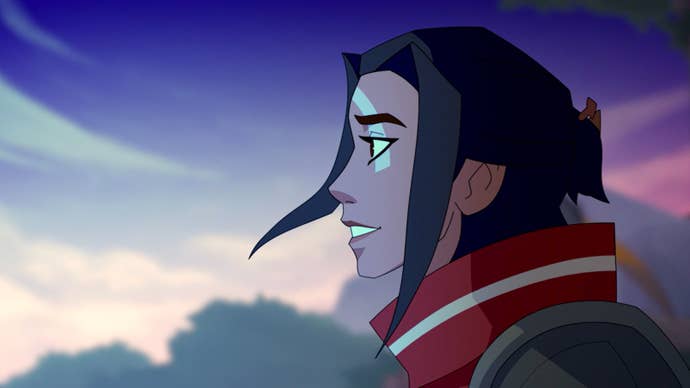 An anime-style cutscene from Eternal Strands showing a feminine character side on, looking off to the camera’s left. They’ve got black hair in a loose bun and two untucked strands of hair are flapping at the front of their face in the breeze.
