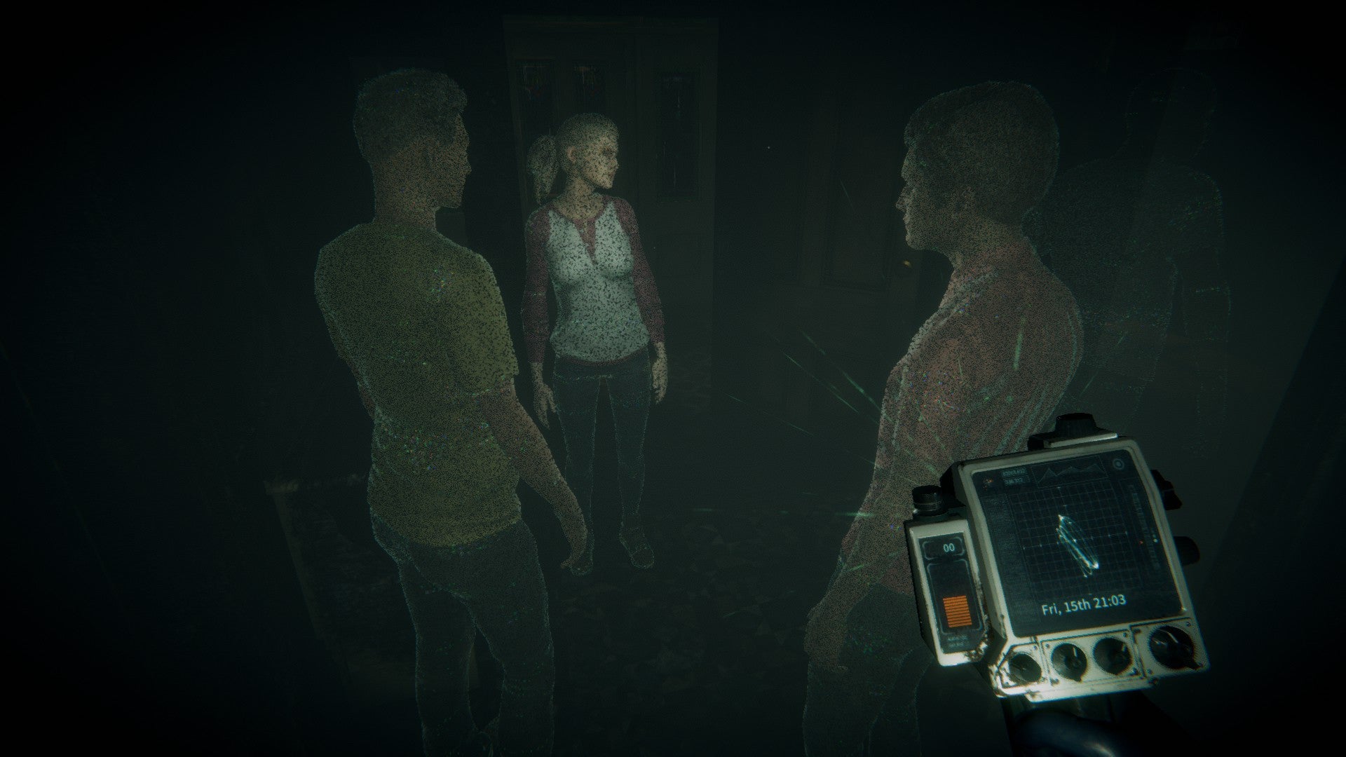 Eternal Threads review - scanner in hand, you look at three ghostly figures having a conversation