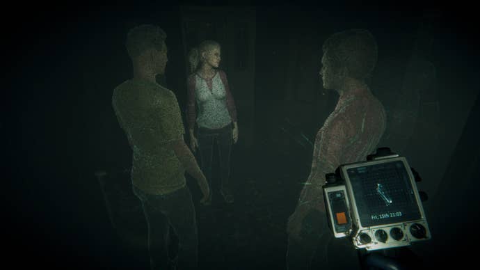 Eternal Threads review - scanner in hand, you look at three ghostly figures having a conversation