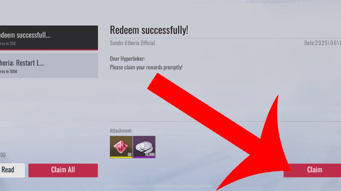 An arrow pointing at the claim button players have to press to get code rewards in the email inbox in Etheria Restart.