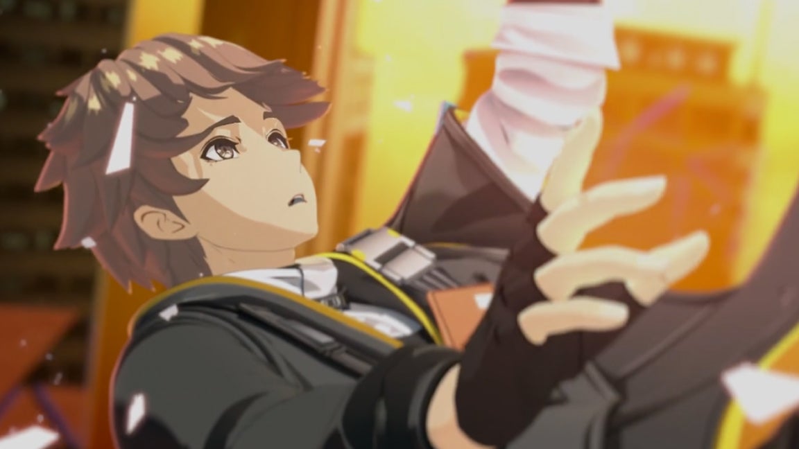 The main character falling in a cutscene from the tutorial section of Etheria Restart.