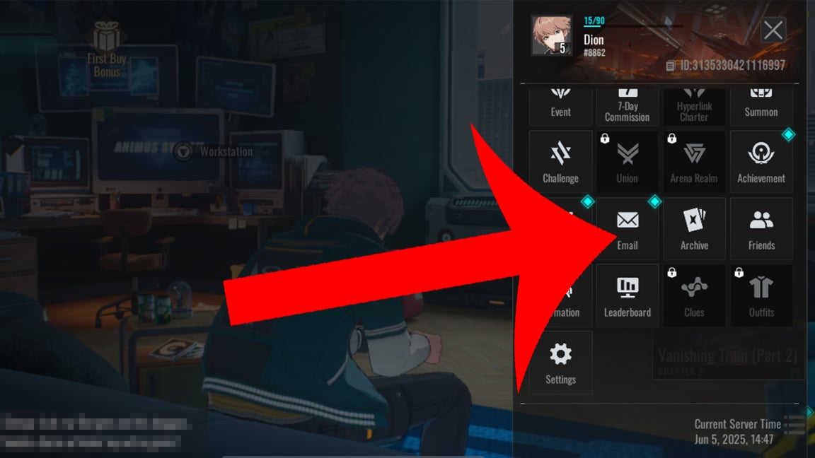 An arrow pointing at the button for the email menu in Etheria Restart.