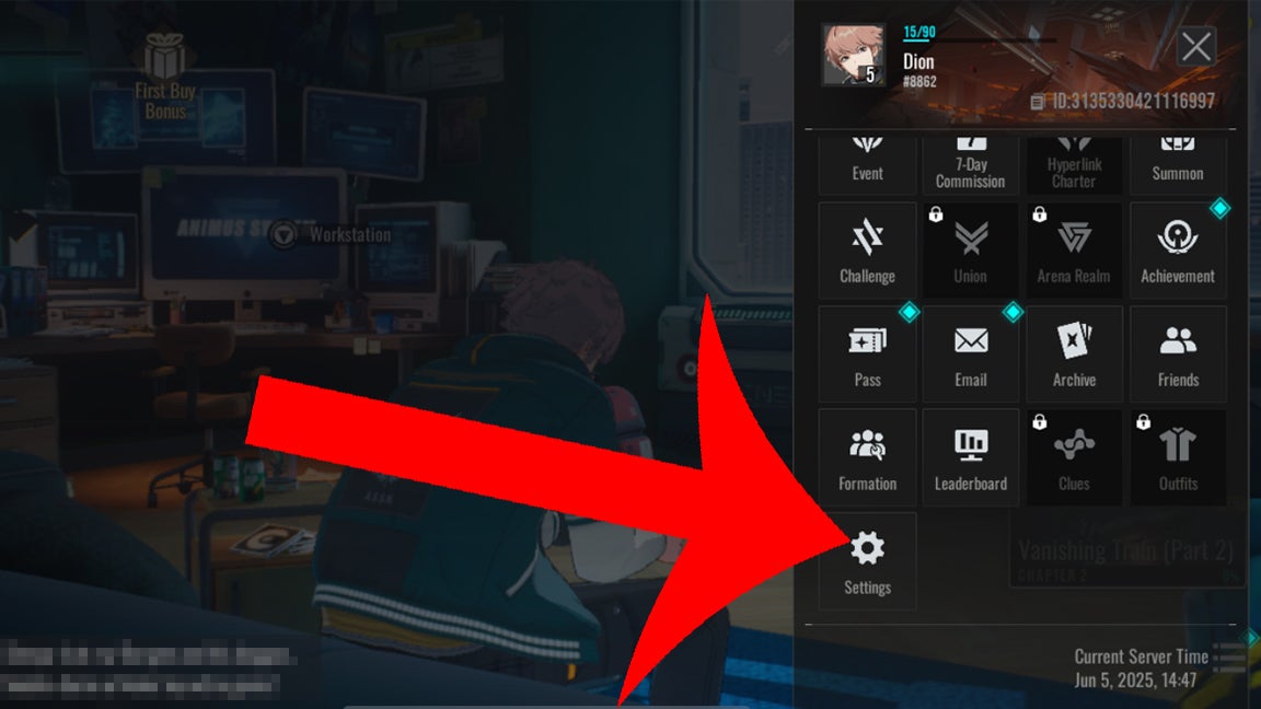 An arrow pointing at the settings button in Etheria Restart.