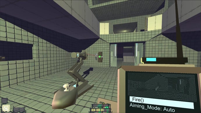 A room in pacifist immersive sim ETOS, showing a laser turret and it's control computer on screen