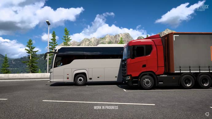 A achromatic autobus pulls retired from down a reddish motortruck against the backdrop of a sunny day.
