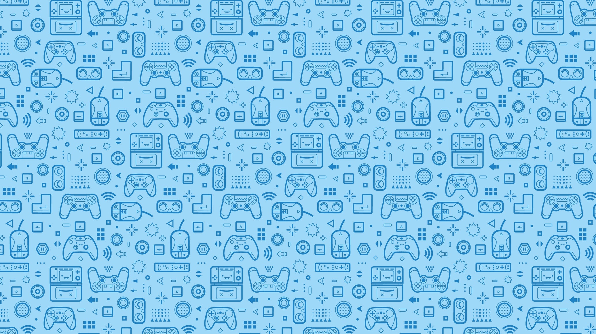 Eurogamer wallpaper showing a collage of games-related illustrations on pale blue background