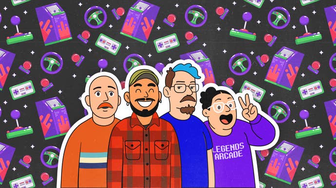 An illustration showing four cartoonish, paper cut out-like characters gathered in the middle of the image, against a dark grey backdrop of steering wheels and arcade cabinets and jostyicks - small, repeated motifs.