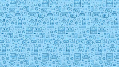Dark blue icons of video game controllers on a light blue background