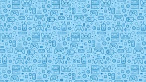 Dark blue icons of video game controllers on a light blue background