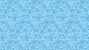 Dark blue icons of video game controllers on a light blue background