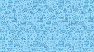 Dark blue icons of video game controllers on a light blue background
