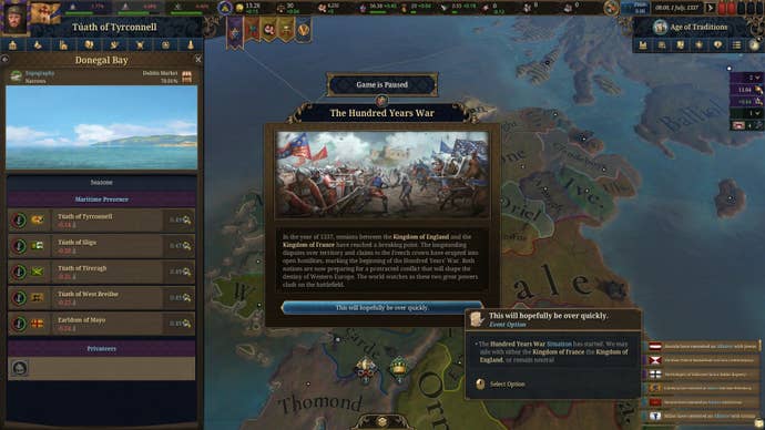 An event triggers detailing the 100 years war between France and England in Europa Universalis 5.