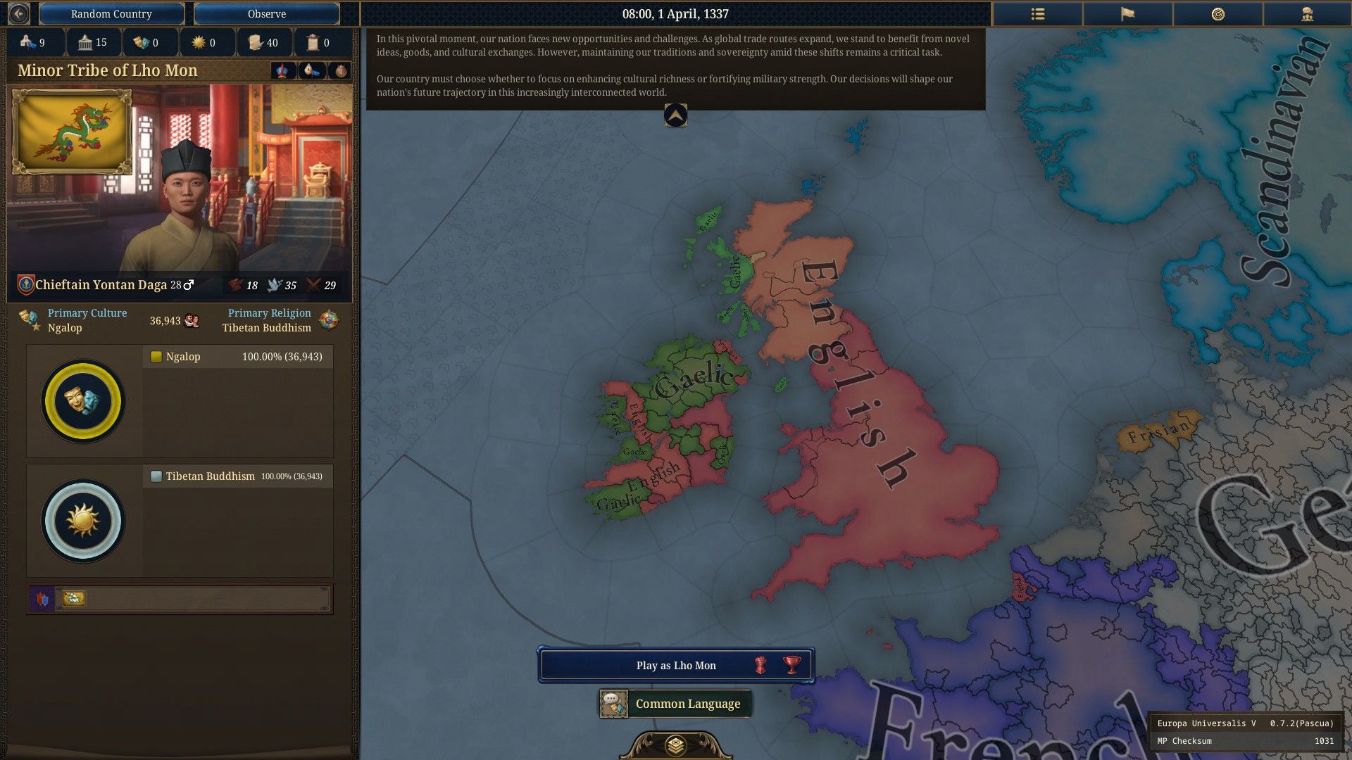 A map of Ireland, England, and Scotland in Europa Universalis 5. Wales has been taken over by the English. - 10