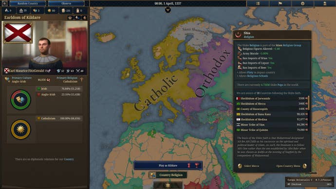 A map of Europe in Europa Universalis 5 showing the major religions.