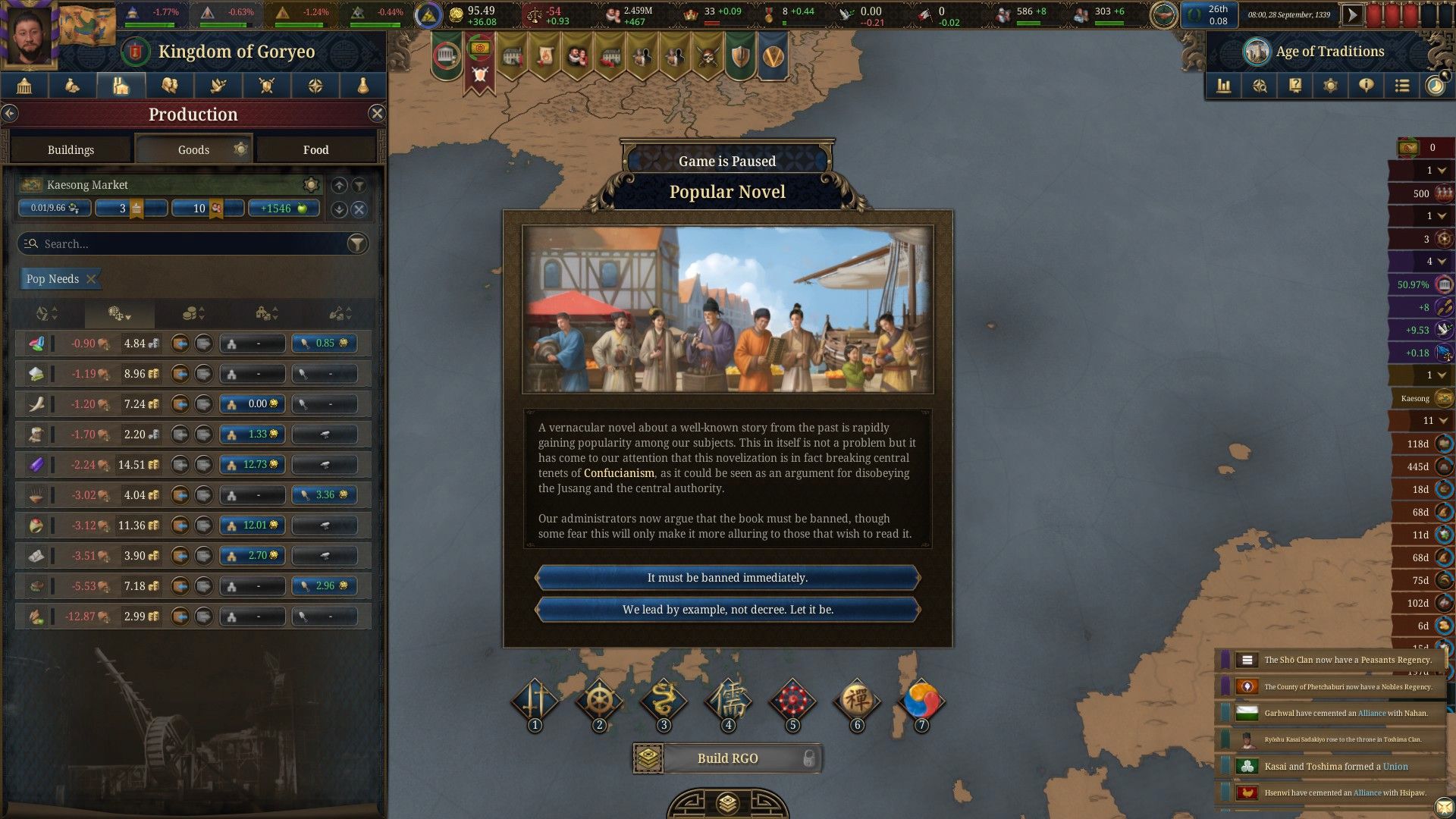 An event triggers in Europa Universalis 5, detailing a novel that is influencing societ in the 1300s. - 14