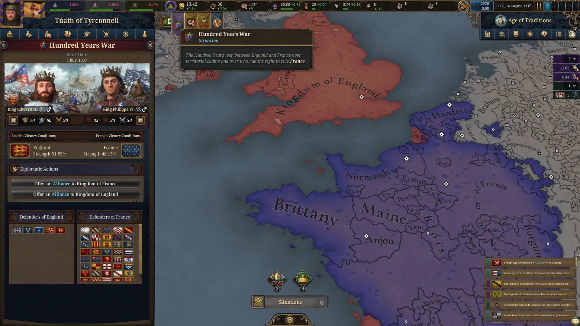 A map shows parts of France and England as they begin the Hundred Years War. - 1