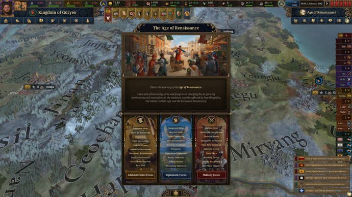 A window in Europa Universalis 5 shows that the age of the world has progressed to the renaissance.