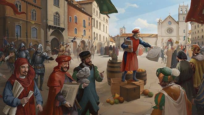 A man distributes papers from atop a barrel in a street some time in the 16th century.
