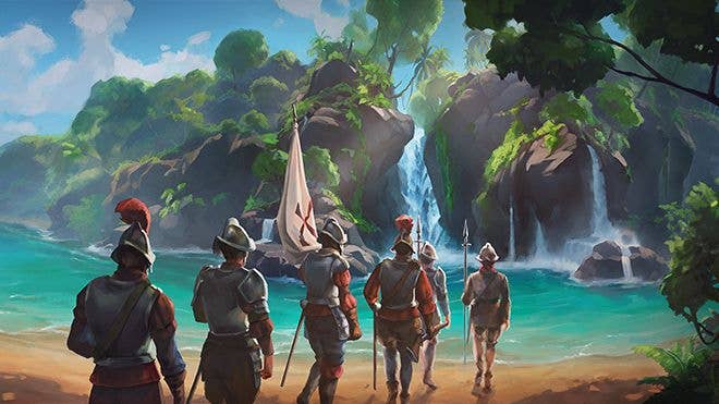 A group of European explorers in armour walk onto a tropical beach.