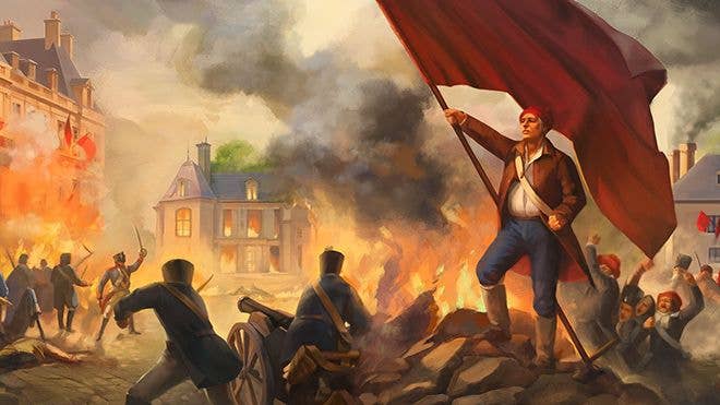 A revolutionary stands holding a red flag as fires burn in a city behind him.