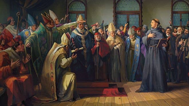 A monk stands before a council of annoyed bishops and clerical leaders.