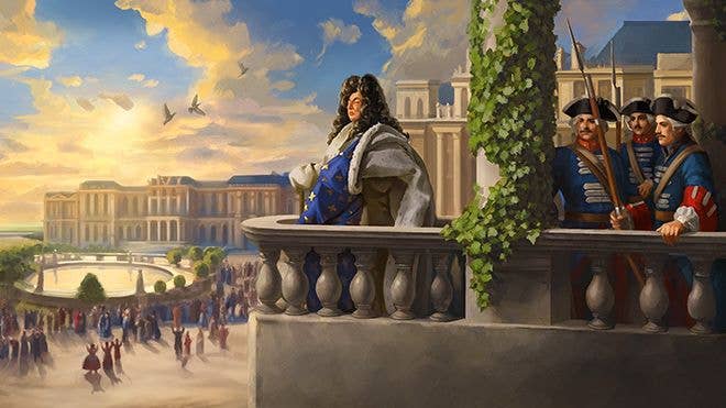 A king stands on a balcony looking down at his subjects, while soldiers stand behind him.