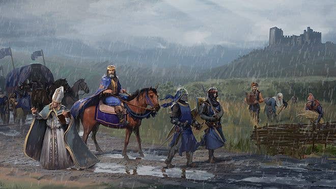 A royal rides his horse through the rainy countryside, with a castle in the background.