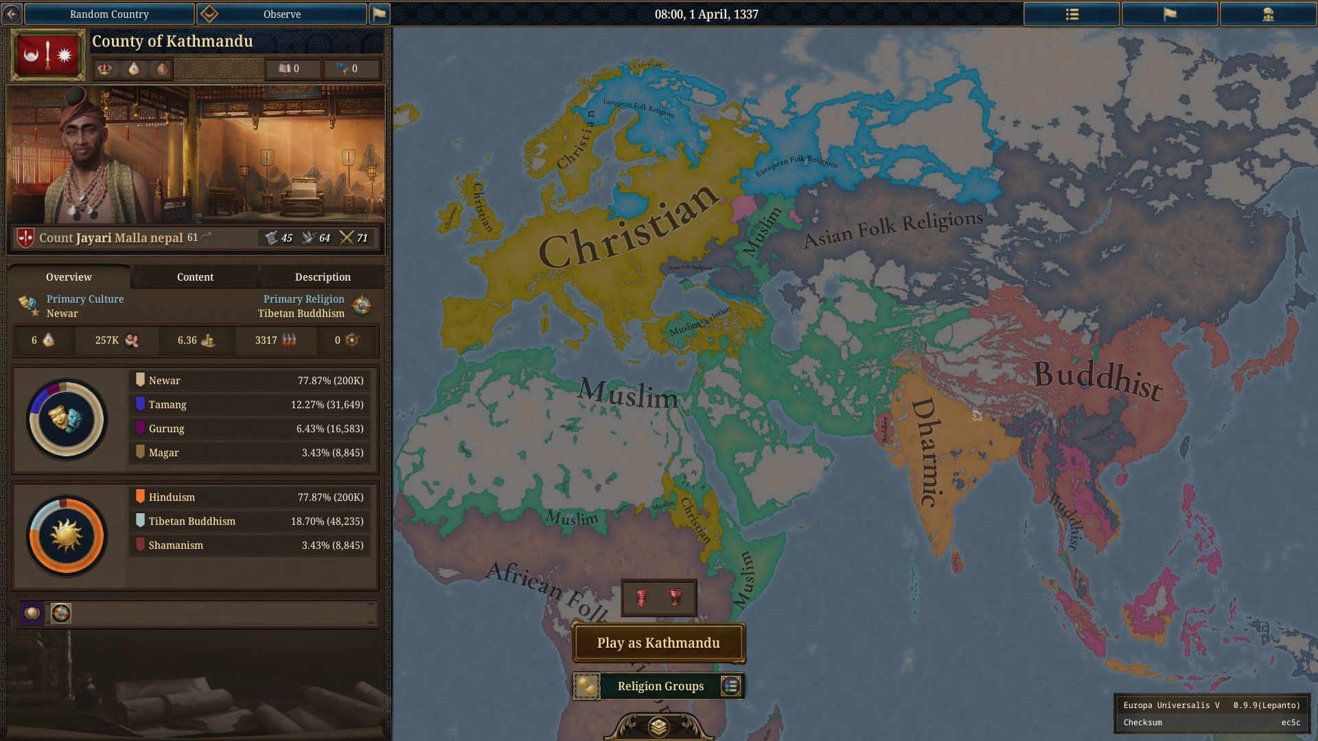In Europa Universalis V, a map shows the dominant religions of Europe, Asia, and Africa. - 16
