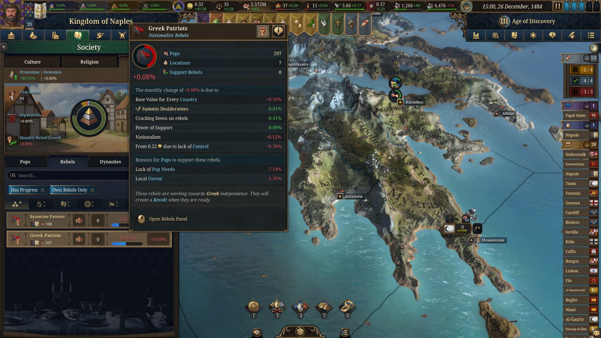 Viewing the stats of Greek nationalist rebels in Europa Universalis V. - 11