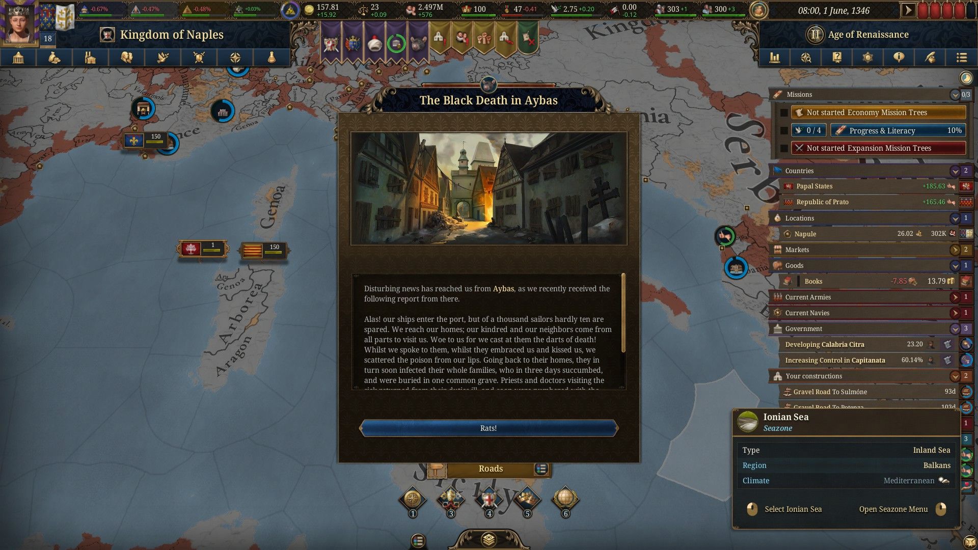 A dialogue box informs the player of a plague in Europa Universalis V. - 5