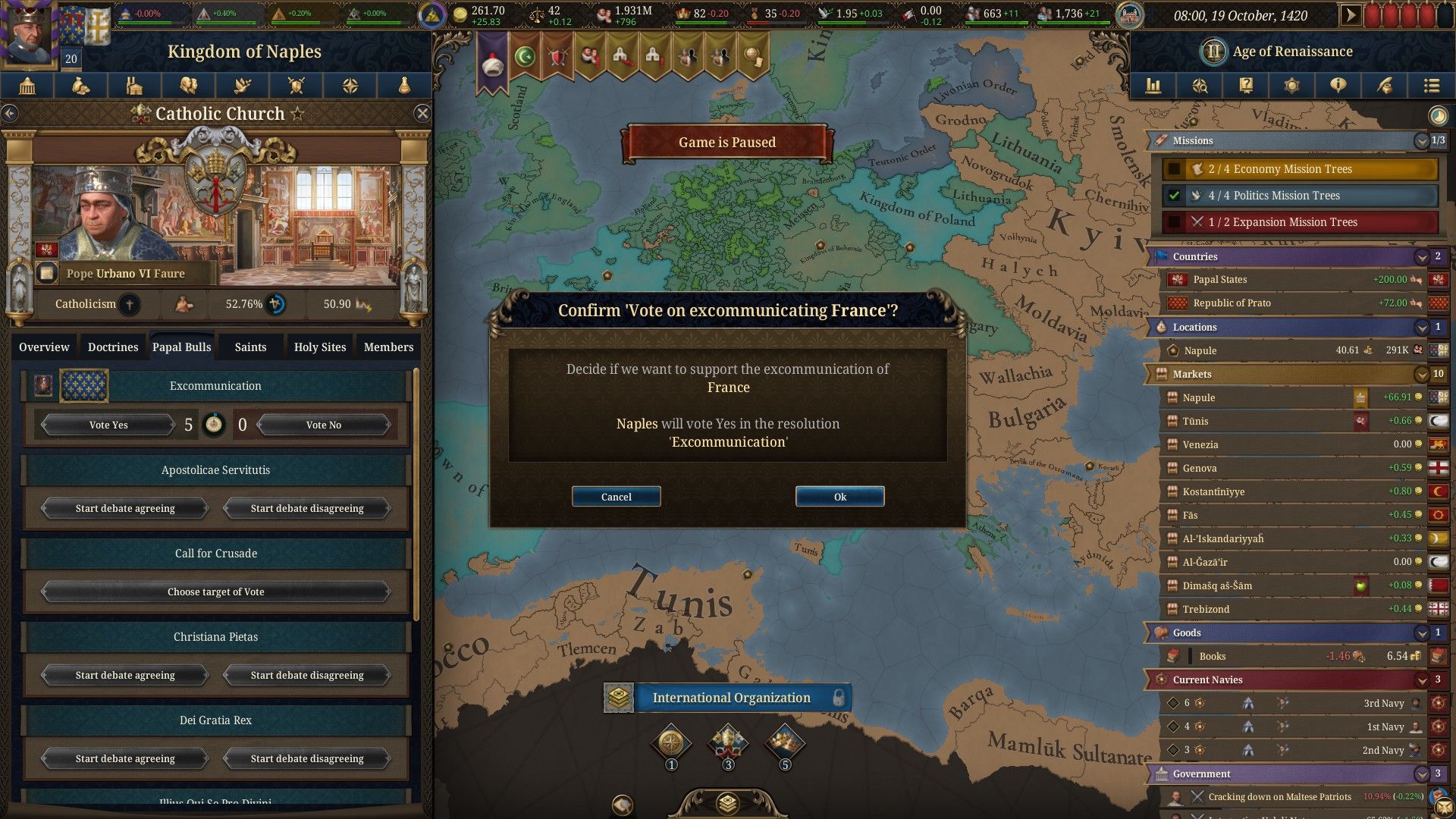 The player is prompted to decide whether to excommunicate France in Europa Universalis V.