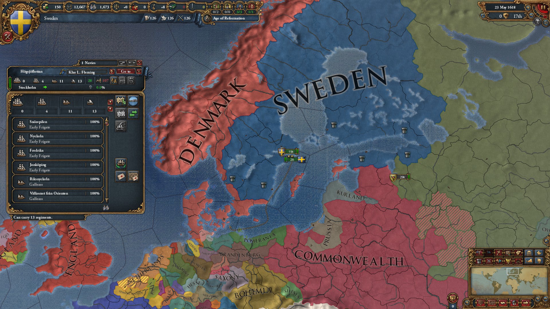 A map screen showing Denmark, Sweden and the Commonwealth in Europa Universalis IV - 40