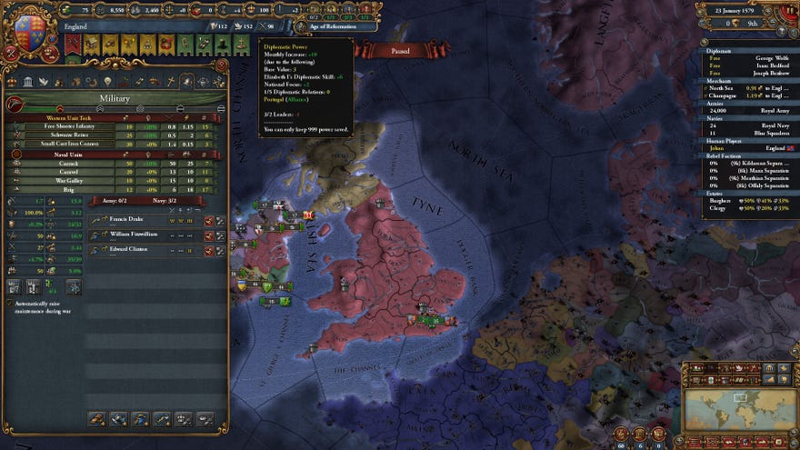 Examining England’s military in a Europa Universalis IV screenshot.