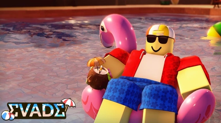 Evade character in Roblox wearing sunglasses in a pool Evade Roblox character