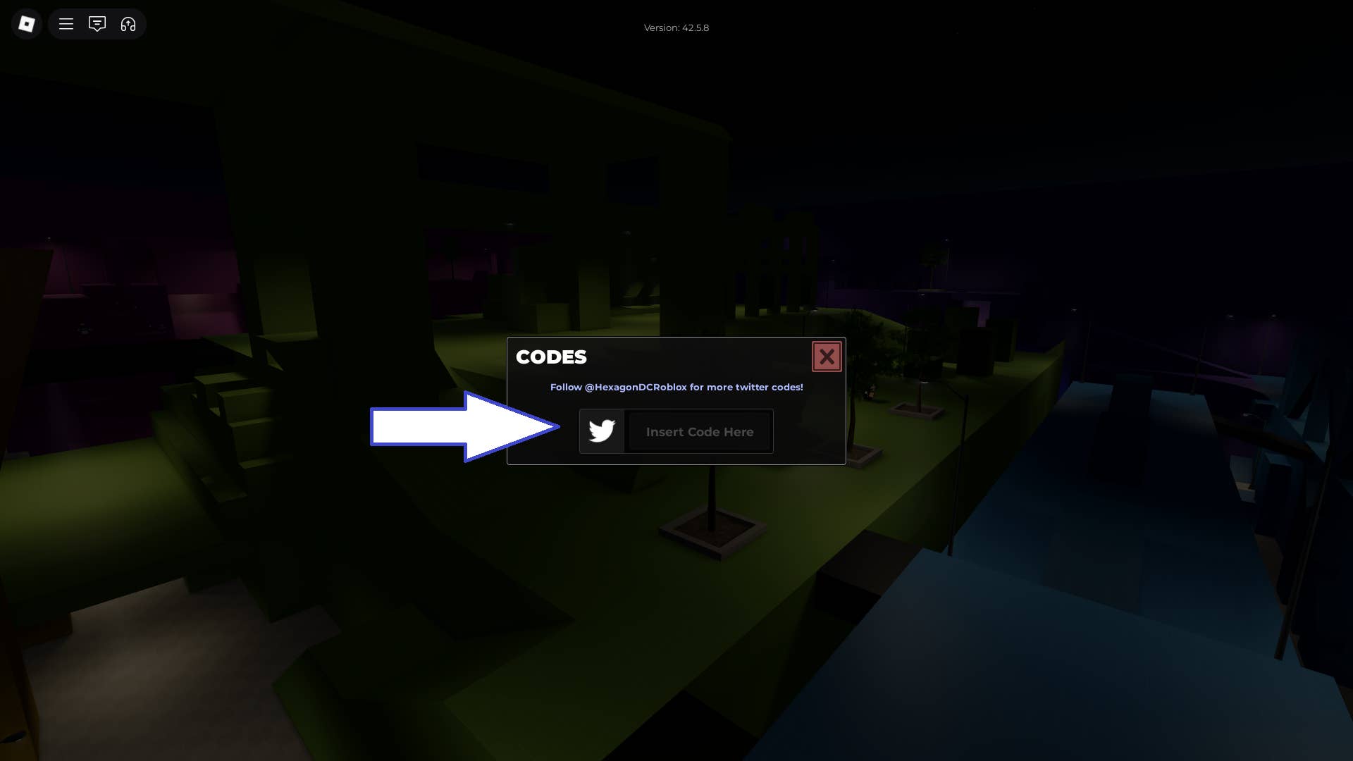 Uma captura de tela de Evade no Roblox mostrando o campo Código do jogo.